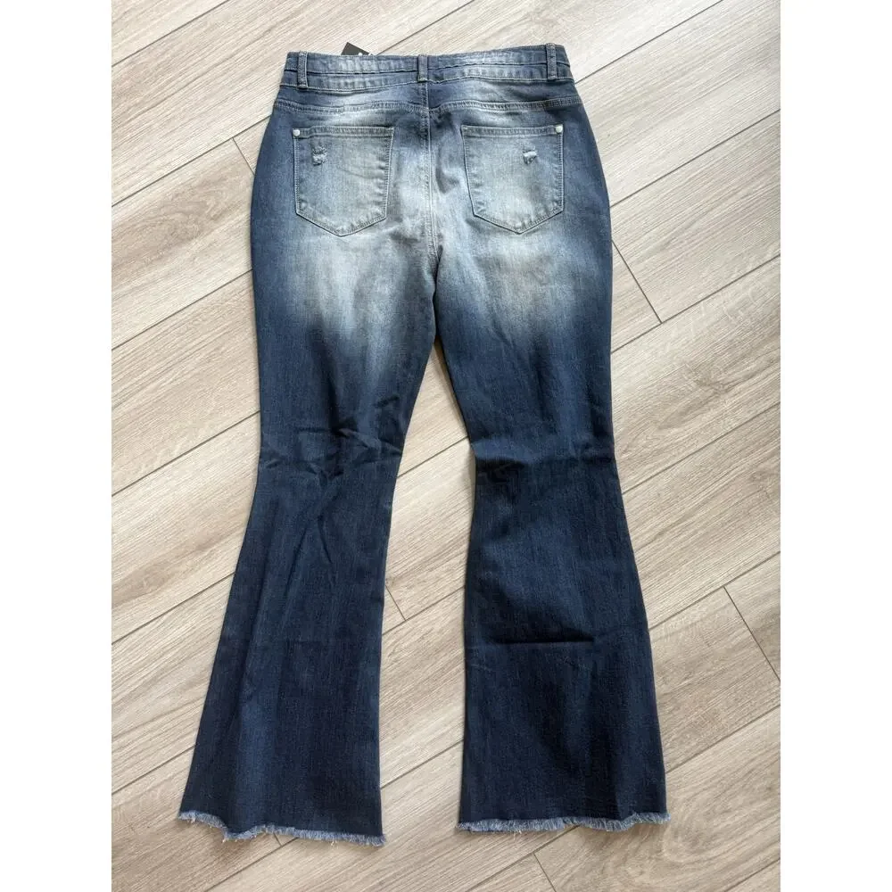 Flamingals Distressed Flare Jeans Women Ripped Bell Bottom Frayed Raw Hem NWT XL